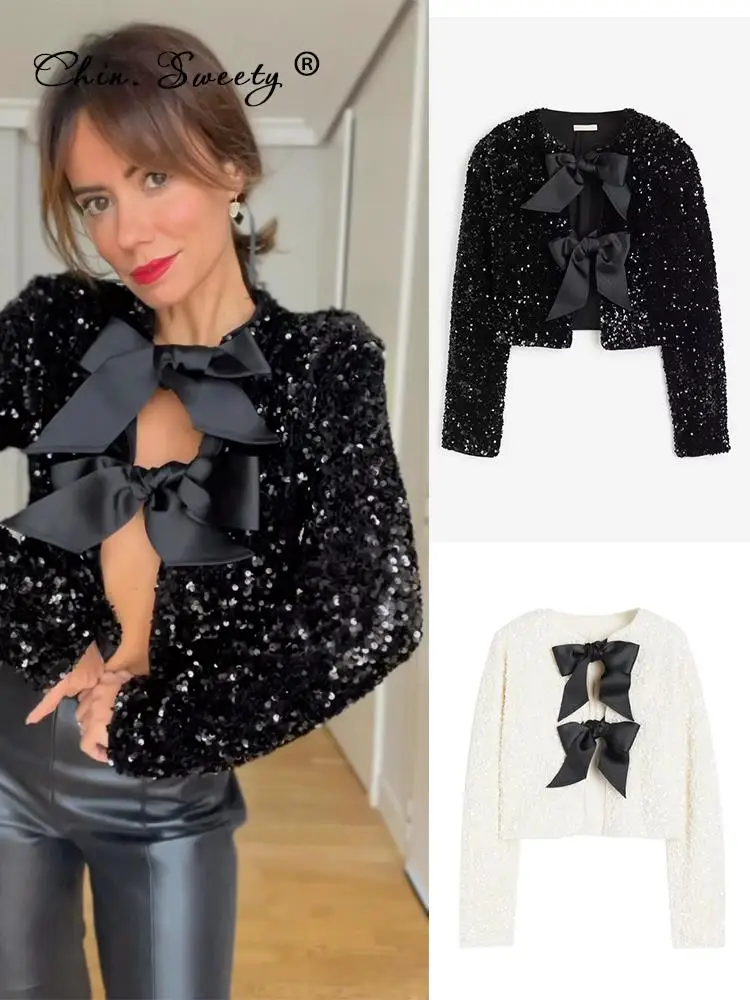 Chic Sparkling Sexy Women S Tie Front Bow Sequin Jacket New Texas