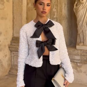 Chic Sparkling Sexy Women's Tie-front Bow Sequin Jacket - Image 2