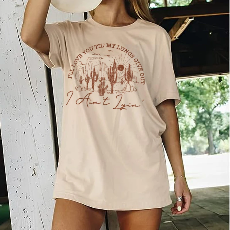 Maglietta Donna Vintage Western Con Cactus E Cavallo - Stampa 3D - Scollo A V - Rosso