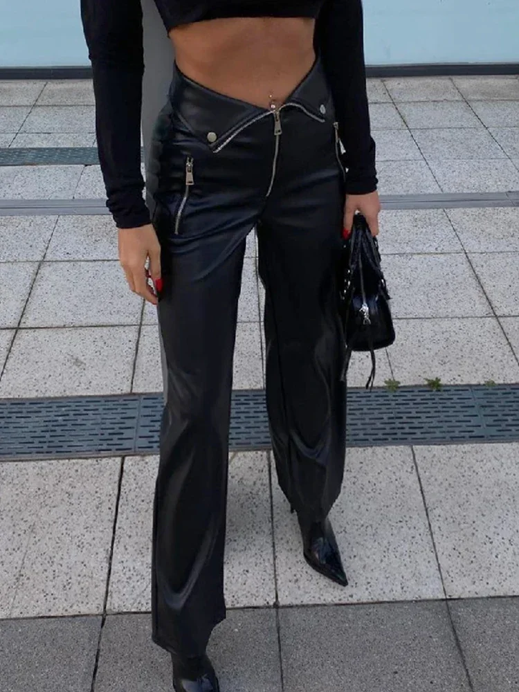 Zip Up High Waist Straight Leg Chic Leather Pants