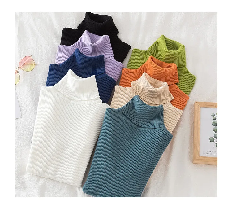 Soft Ribbed Knitted Pullover Stretch Turtleneck Sweaters