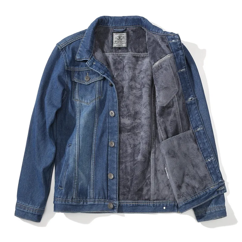 Warm Cowboy Denim Jacket With Thick Warm Fleece Wool Liner