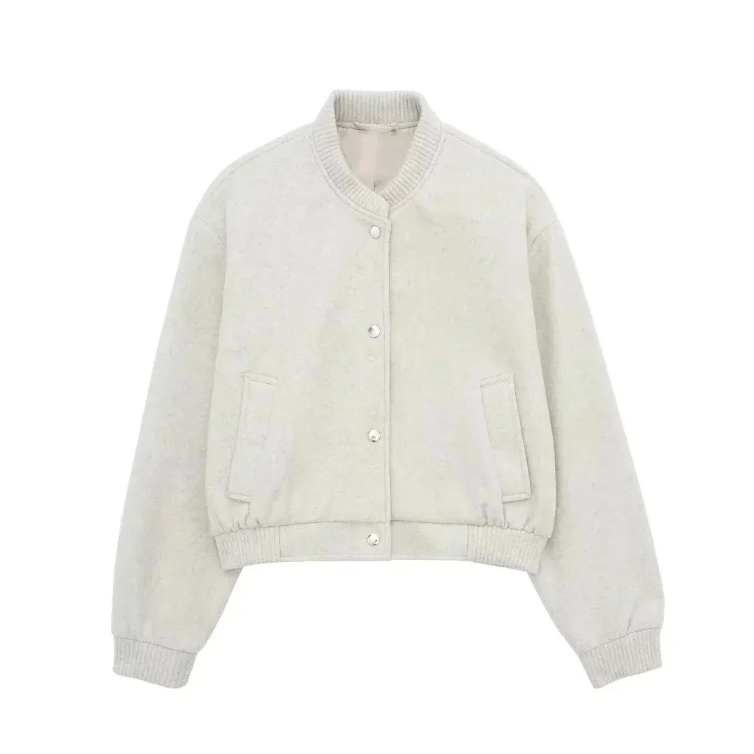 Womens Soft Cropped Bomber Woolen Cloth Jacket