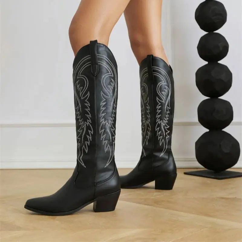 Didn't Come To Play Faux Leather Cowgirl Boots (Black)