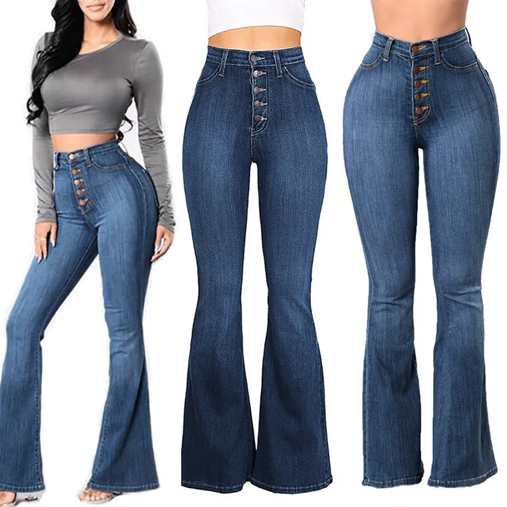 Button Flared Boot Cut Stretch Denim Jeans