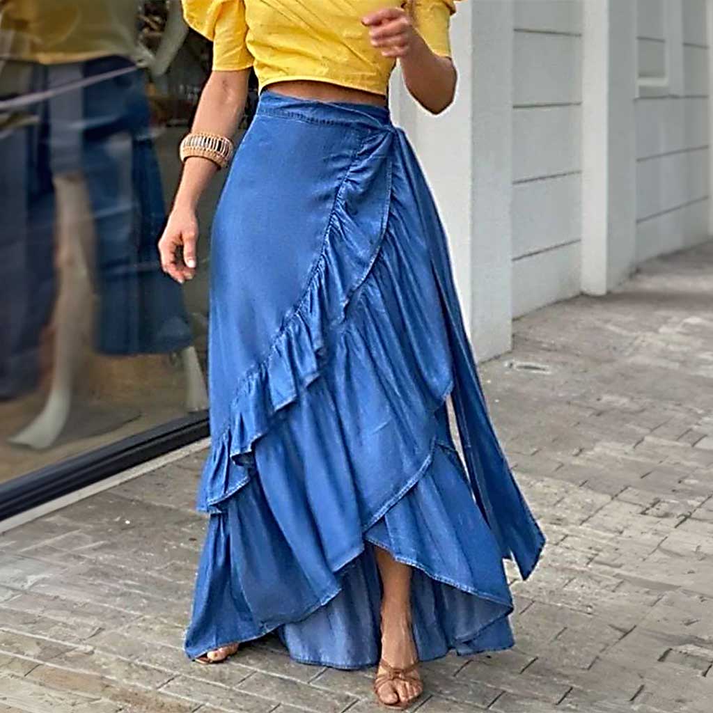 Women's Denim Ruffle Hem Knot Maxi Skirt