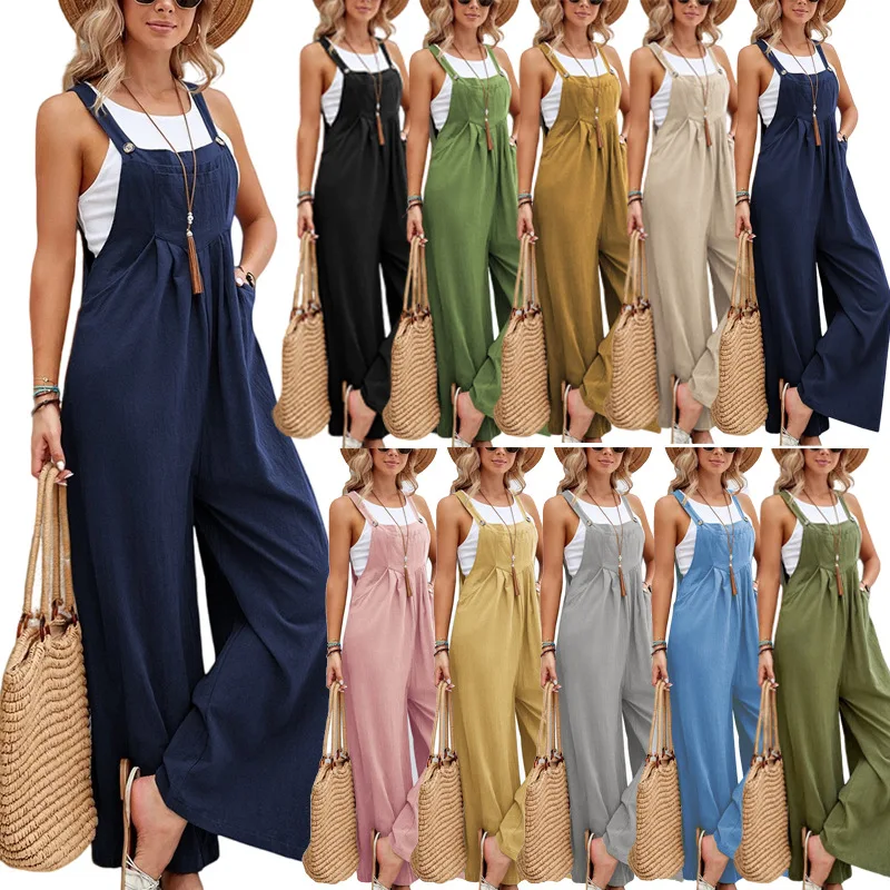 2023-Summer-Women-Long-Jumpsuit-Solid-Color-Casual-Loose-Thin-Size-Sleeveless-Straps-Wide-Leg-Women