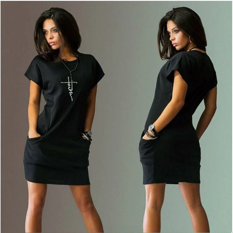 Fashion-Female-Dress-Summer-O-Neck-Big-Pocket-T-shirt-Short-Sleeve-Mini-Dresses-Long-Tops