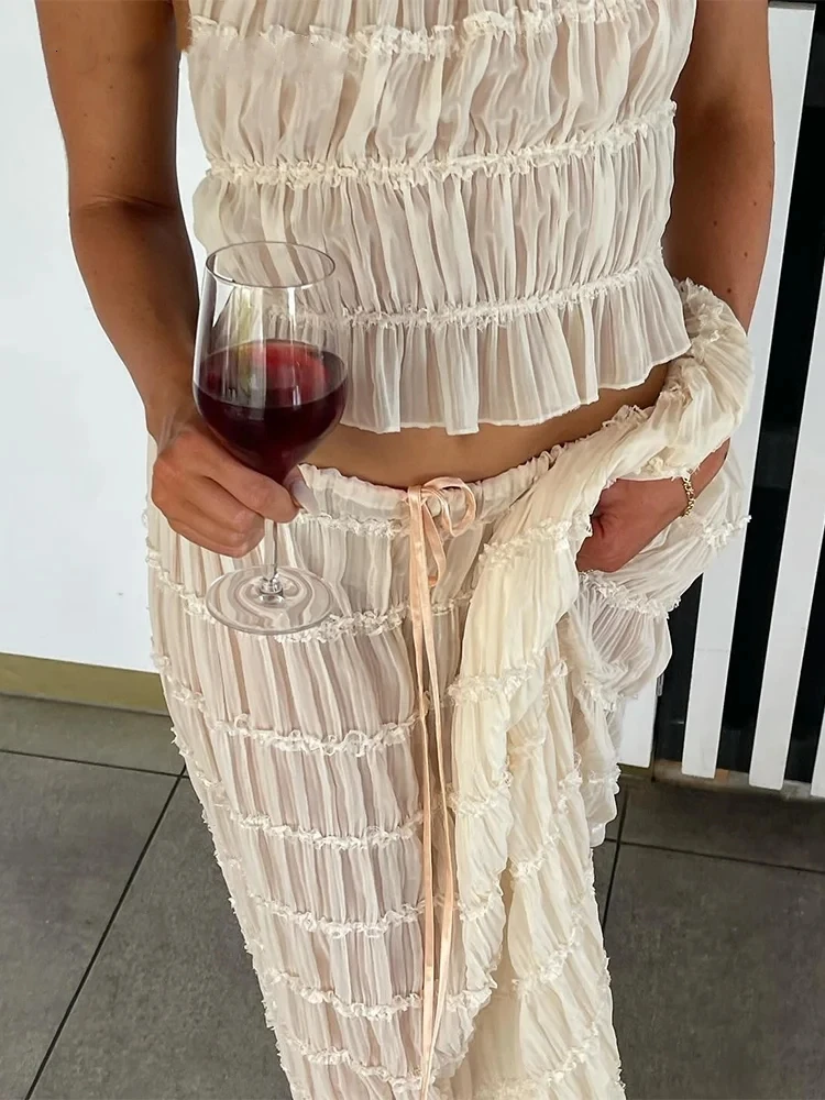 Sexy Halter Long Sleeves Drawstring Top Loose Trousers Two-piece Suit