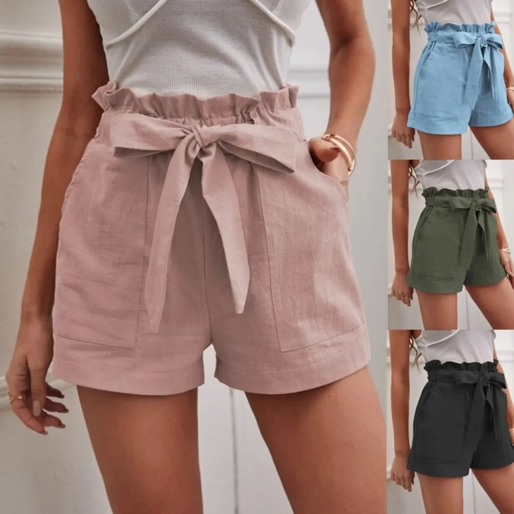 Summer-women-s-loose-linen-casual-shorts-with-pockets-solid-color-high-waisted-wide-leg-pants