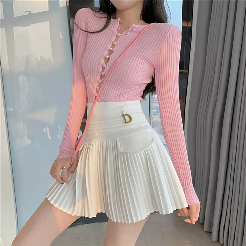 White-Pleated-Skirts-Sexy-Casual-Slim-College-Women-High-Waist-Mini-Metal-Letter-D-A-Line-2