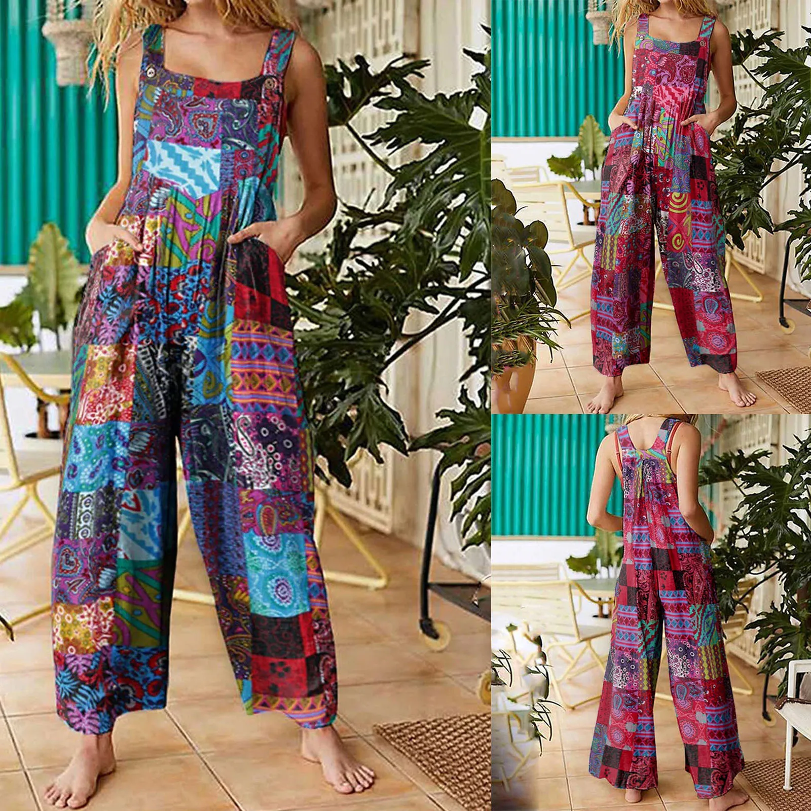 Women-Ethnic-Style-Jumpsuits-Summer-Overalls-Multicolor-Square-Neck-Sleeveless-Casual-Rompers-with-Pockets-for-Girls