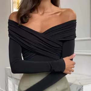 Women-Off-Shoulder-Shirts-Short-Shirts-Fashion-Front-Cross-Long-Sleeve-Slim-Fit-Tops-Ladies-Clothing