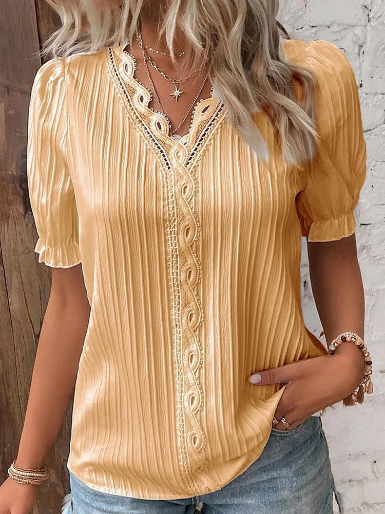 Women-s-Summer-New-Top-2024-Solid-Sexy-V-Neck-Hollow-Short-Sleeve-Shirt-Fashion-Splice-2
