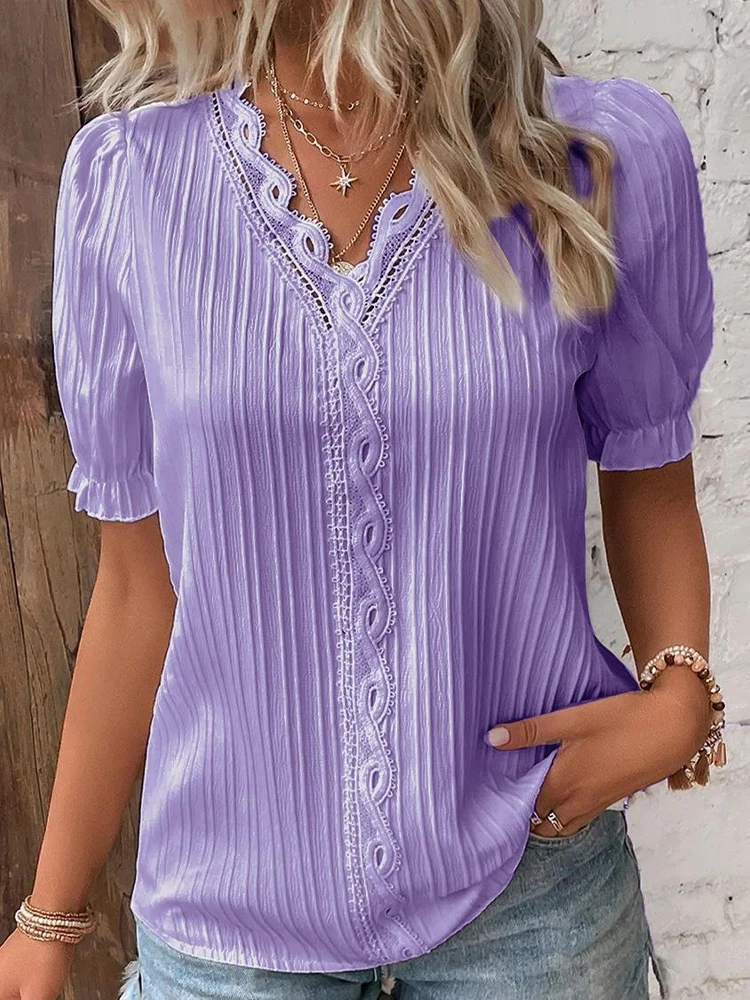 Women-s-Summer-New-Top-2024-Solid-Sexy-V-Neck-Hollow-Short-Sleeve-Shirt-Fashion-Splice-3