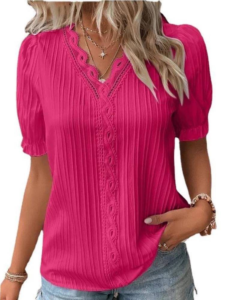 Women-s-Summer-New-Top-2024-Solid-Sexy-V-Neck-Hollow-Short-Sleeve-Shirt-Fashion-Splice-5