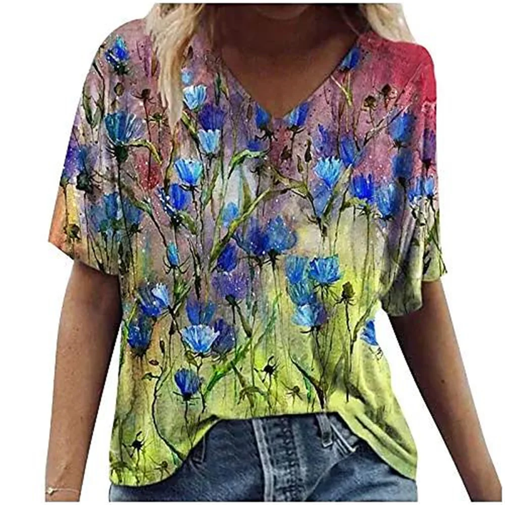 Women-s-T-shirts-Summer-Gradient-Graphics-Tops-V-Neck-Fashion-Female-Vintage-Clothing-Floral-Print-2