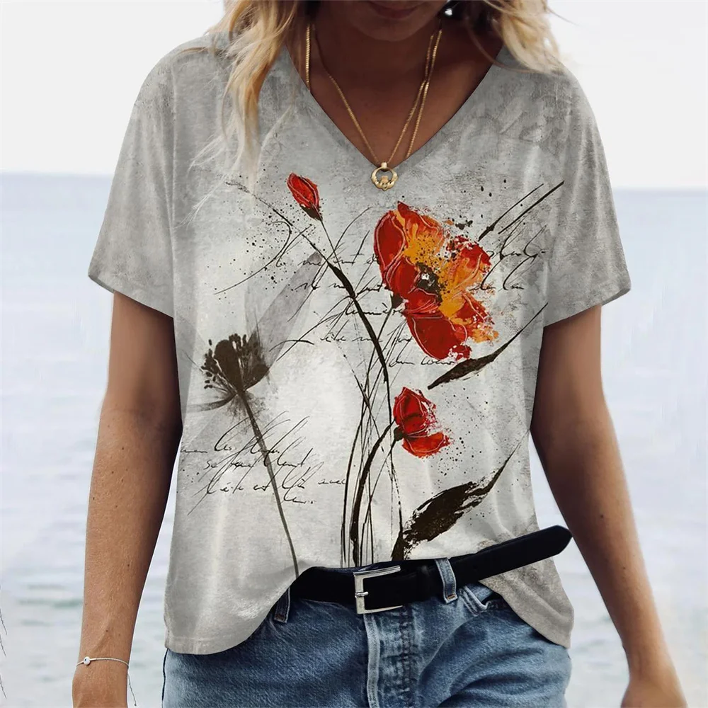 Women-s-T-shirts-Summer-Gradient-Graphics-Tops-V-Neck-Fashion-Female-Vintage-Clothing-Floral-Print-4