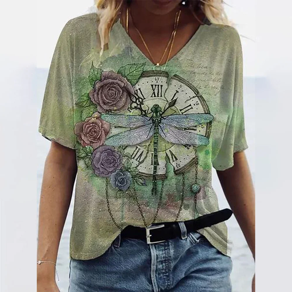 Women-s-T-shirts-Summer-Gradient-Graphics-Tops-V-Neck-Fashion-Female-Vintage-Clothing-Floral-Print