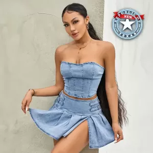 2-piece-sleeveless-off-shoulder-zipper-corset-and-pleated-denim-skirt-set