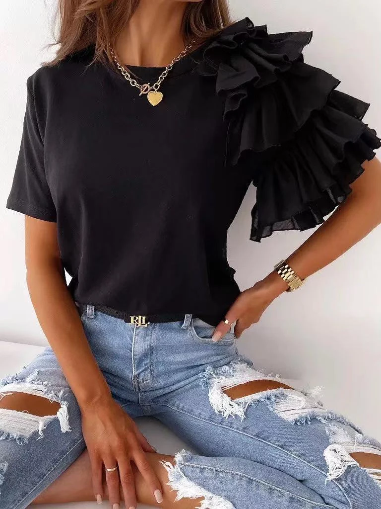 2024-Fashion-Womens-T-Shirts-Pleated-Loose-Fit-Crew-Neck-Blouse-Ruffle-Sleeve-Casual-Simple-Tunic-2