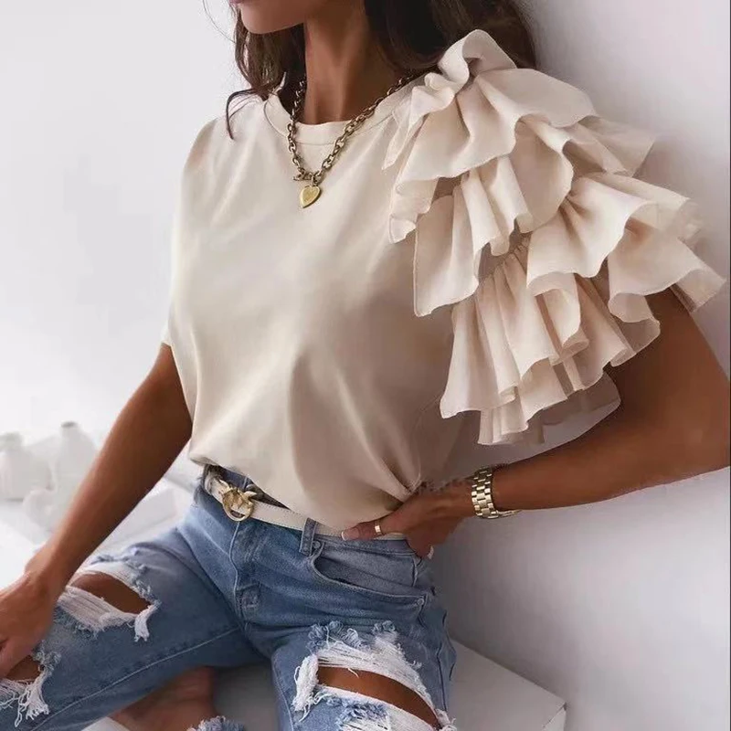 2024-Fashion-Womens-T-Shirts-Pleated-Loose-Fit-Crew-Neck-Blouse-Ruffle-Sleeve-Casual-Simple-Tunic-3