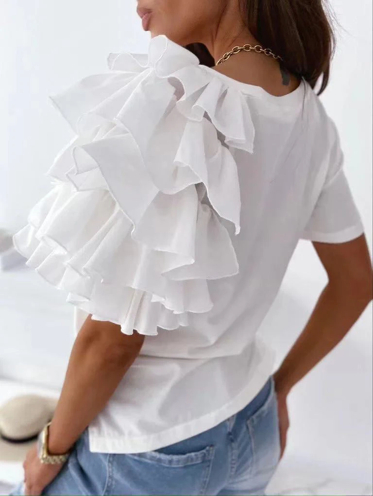 2024-Fashion-Womens-T-Shirts-Pleated-Loose-Fit-Crew-Neck-Blouse-Ruffle-Sleeve-Casual-Simple-Tunic-4