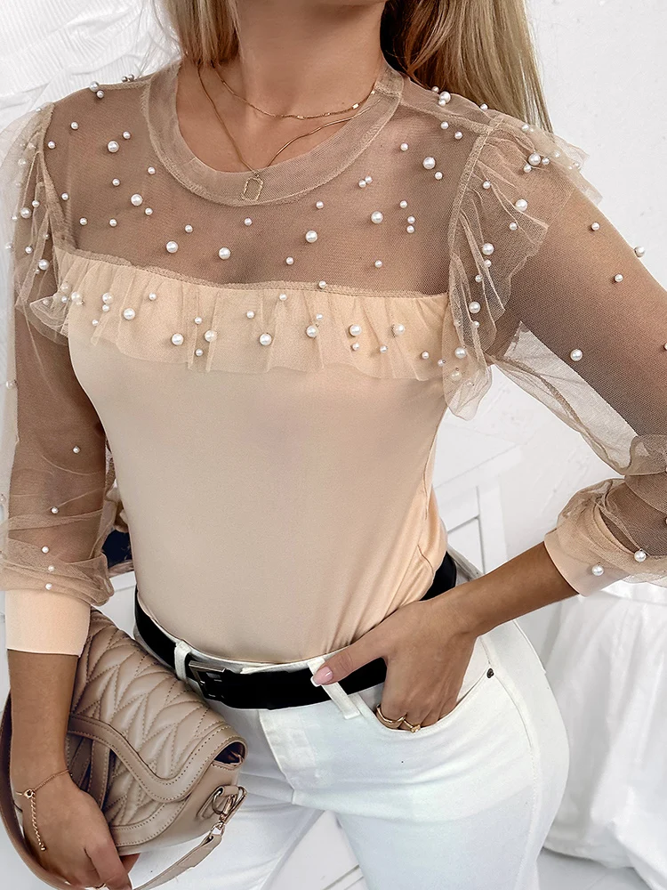 Beaded-Sheer-Mesh-Ruffled-Top-With-Regular-Casual-And-Fashionable-O-neck-Long-Daily-Spring-Top-3