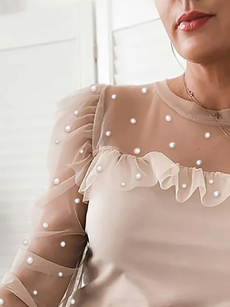 Beaded-Sheer-Mesh-Ruffled-Top-With-Regular-Casual-And-Fashionable-O-neck-Long-Daily-Spring-Top-5