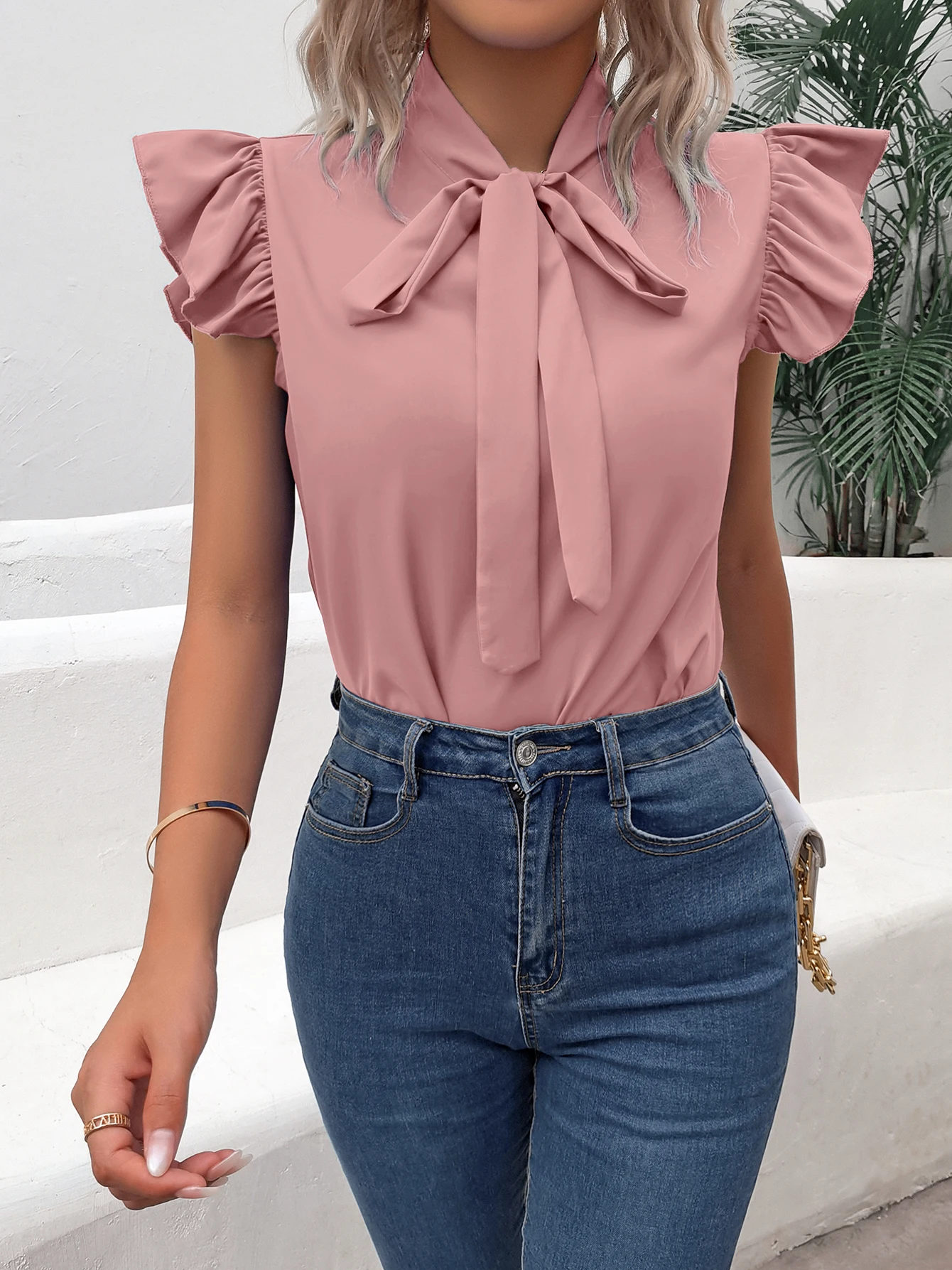 Casual-Bow-Tie-Flutter-Sleeve-Solid-Ruffle-Trim-Blouse-Women-s-Clothing-2