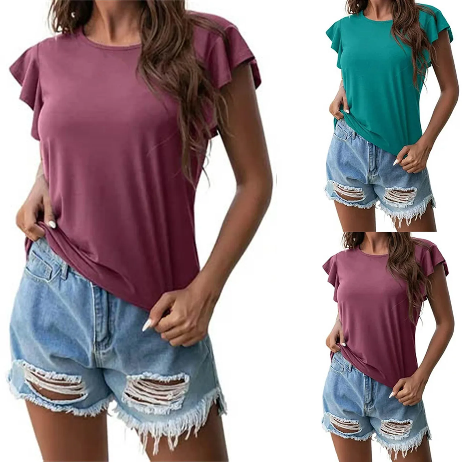 Ladies-Summer-Fashion-Solid-Color-Round-Neck-Ruffle-Short-Sleeve-T-Shirt-Turtleneck-Women-Petite-5