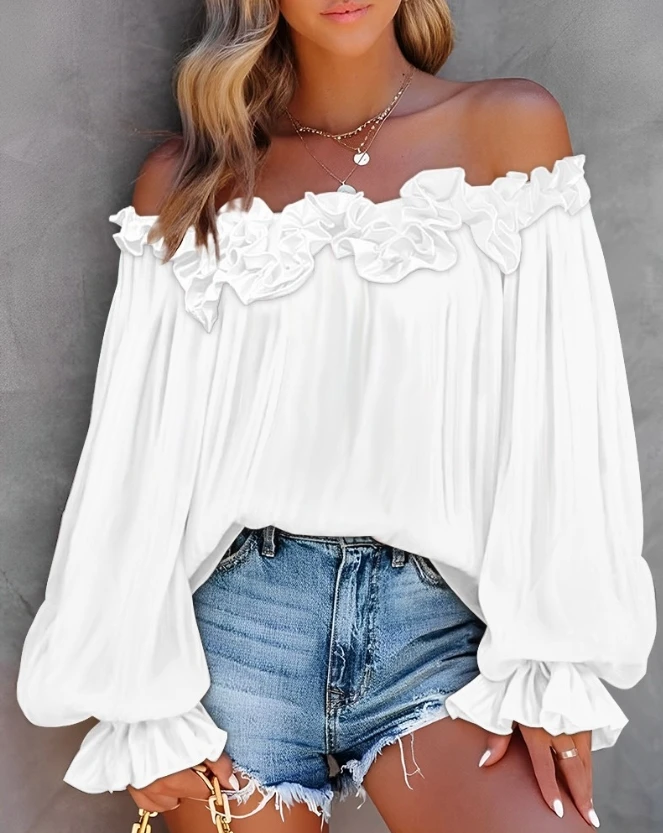 Office-2024-Spring-Summer-Women-s-Blouse-Solid-Color-Pleated-Loose-Ruffle-Hem-Lantern-Sleeve-Top-2