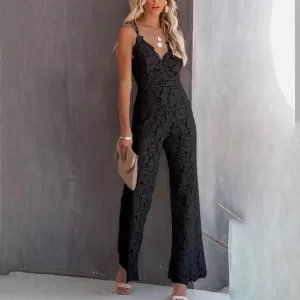 Popular-Slim-Romper-Women-Office-Lady-Overalls-Backless-Lace-V-Neck-Jumpsuit-Wide-Leg