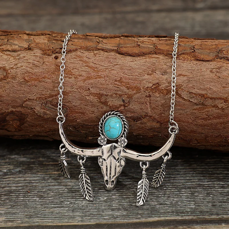 Navajo-Kingman-Turquoise-LONGHORN-NECKLACE-Bull-Horns-Pendant-Necklace-for-Women-Western-Cowgirl-Accessories-Texas-Boho-2