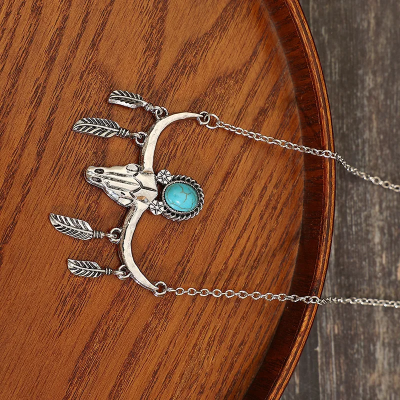 Navajo-Kingman-Turquoise-LONGHORN-NECKLACE-Bull-Horns-Pendant-Necklace-for-Women-Western-Cowgirl-Accessories-Texas-Boho-3