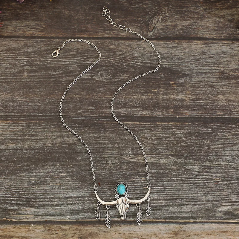 Navajo-Kingman-Turquoise-LONGHORN-NECKLACE-Bull-Horns-Pendant-Necklace-for-Women-Western-Cowgirl-Accessories-Texas-Boho-4