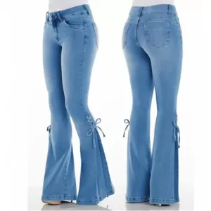 Mid Waist Lace Up Bow Flared Boot Cut Cowgir Bell Bottom Jeans - Image 4