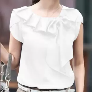 Short Sleeve Round Neck Bowknot Stitching Loose Solid Color Twisted Blouse - Image 3