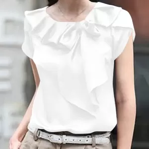 Short Sleeve Round Neck Bowknot Stitching Loose Solid Color Twisted Blouse - Image 4