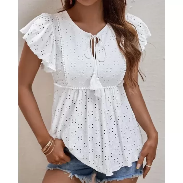 Solid Color Lace Casual Ruffled Shoulder Loose Fit Blouse