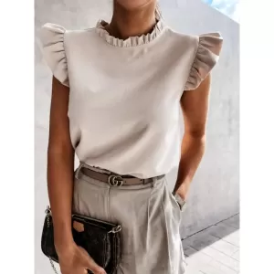 Women’s Elegant Ruffled Round Neck Sleeveless Solid Color Casual Blouse - Image 3