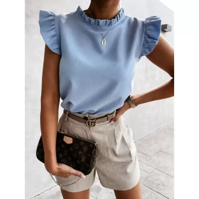 Women’s Elegant Ruffled Round Neck Sleeveless Solid Color Casual Blouse