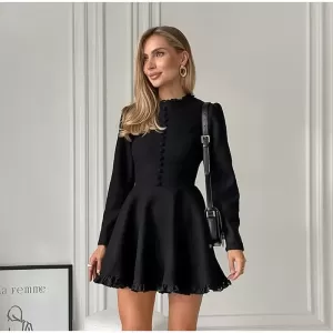 Ruffled Black Long Sleeve Dress - Image 1