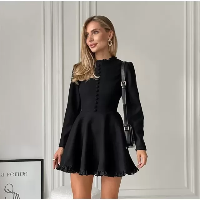 Ruffled Black Long Sleeve Dress