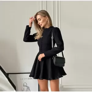 Ruffled Black Long Sleeve Dress - Image 4