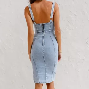 New Texas Republic U Neck Halter Split Denim Dress - Image 7