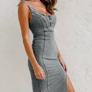 New Texas Republic U Neck Halter Split Denim Dress - Image 3