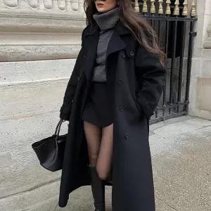 Women's Wool Casual Solid Lapel Double Breasted Coat With Belt - Image 3