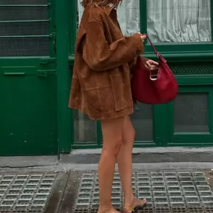 Vintage Brown Suede Leather Loose Single Breasted Long Sleeves Coat - Image 6