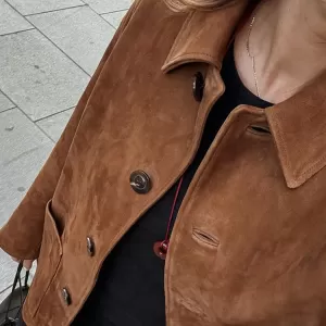 Vintage Brown Suede Leather Loose Single Breasted Long Sleeves Coat - Image 5
